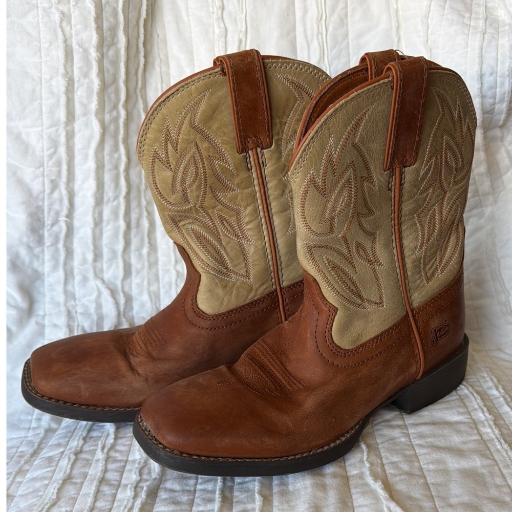 Justin Western Jr Canter Boots Brown Tan Leather Square Toe Kids 5.5D